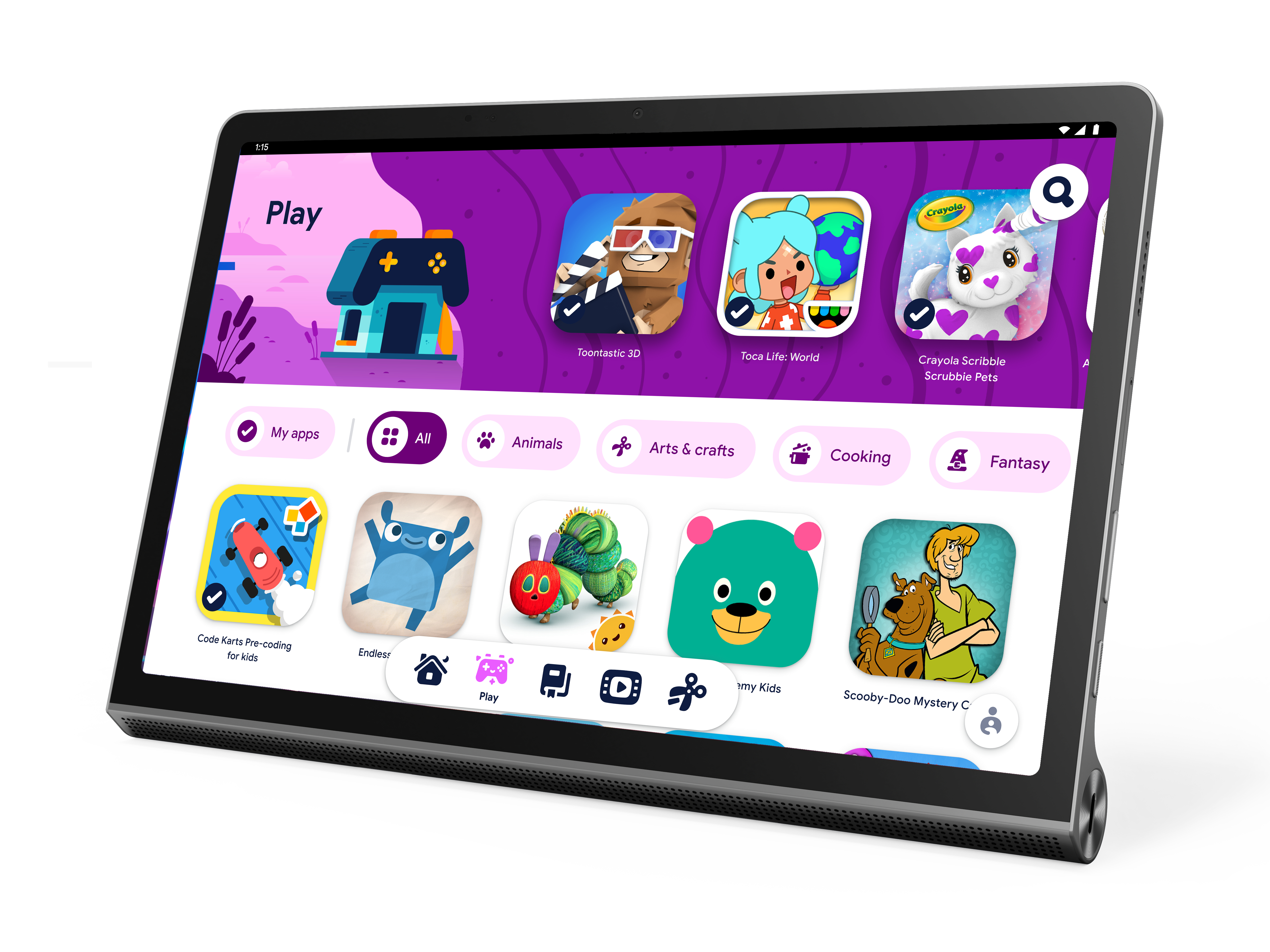 Tablet mit Apps für Kinder. Zu den Apps gehören: Toontastic 3D, Toca Life: World, Crayola, Code Karts, Endor und Scooby-Doo.