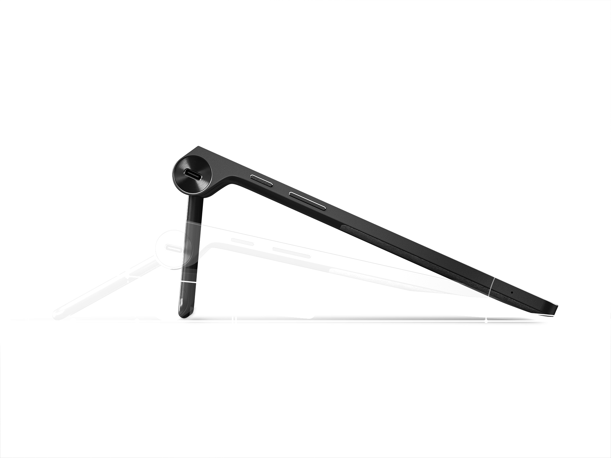 Ein schwarzes Tablet mit geöffnetem Ständer, vor weißem Hintergrund.