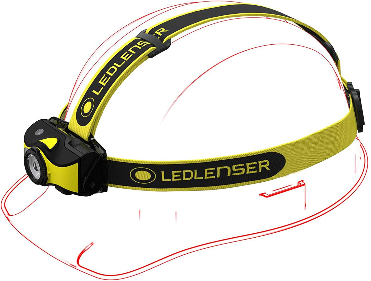Egy sárga-fekete LED Lenser fejlámpa. A rajz kiemeli az alakot.