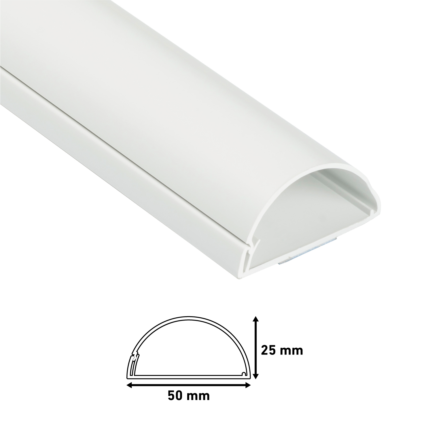 Weißer Kabelkanal mit Querschnittsdiagramm, weißer Hintergrund.