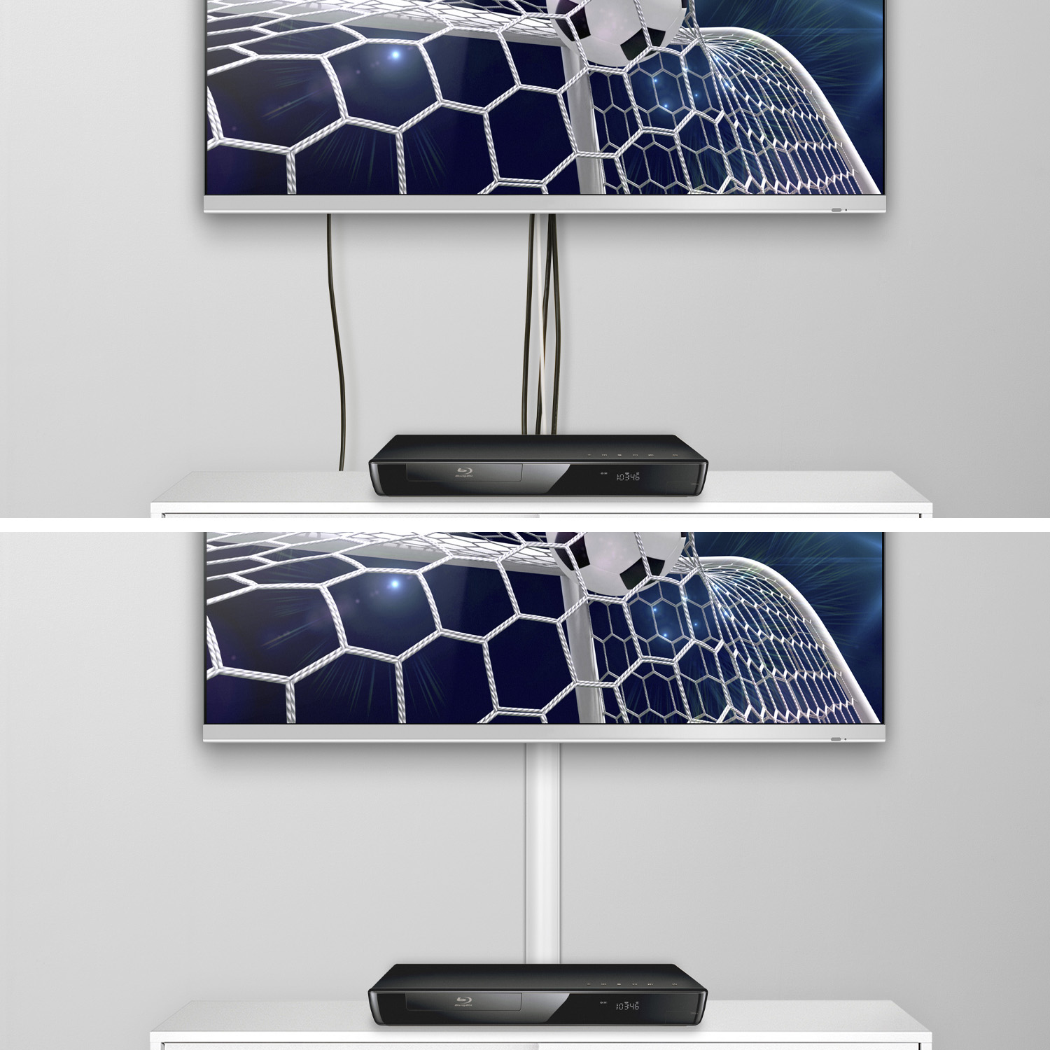 Zwei Bilder. Eines zeigt einen Fernseher mit Blu-ray-Player und Kabeln. Das andere zeigt versteckte Kabel.