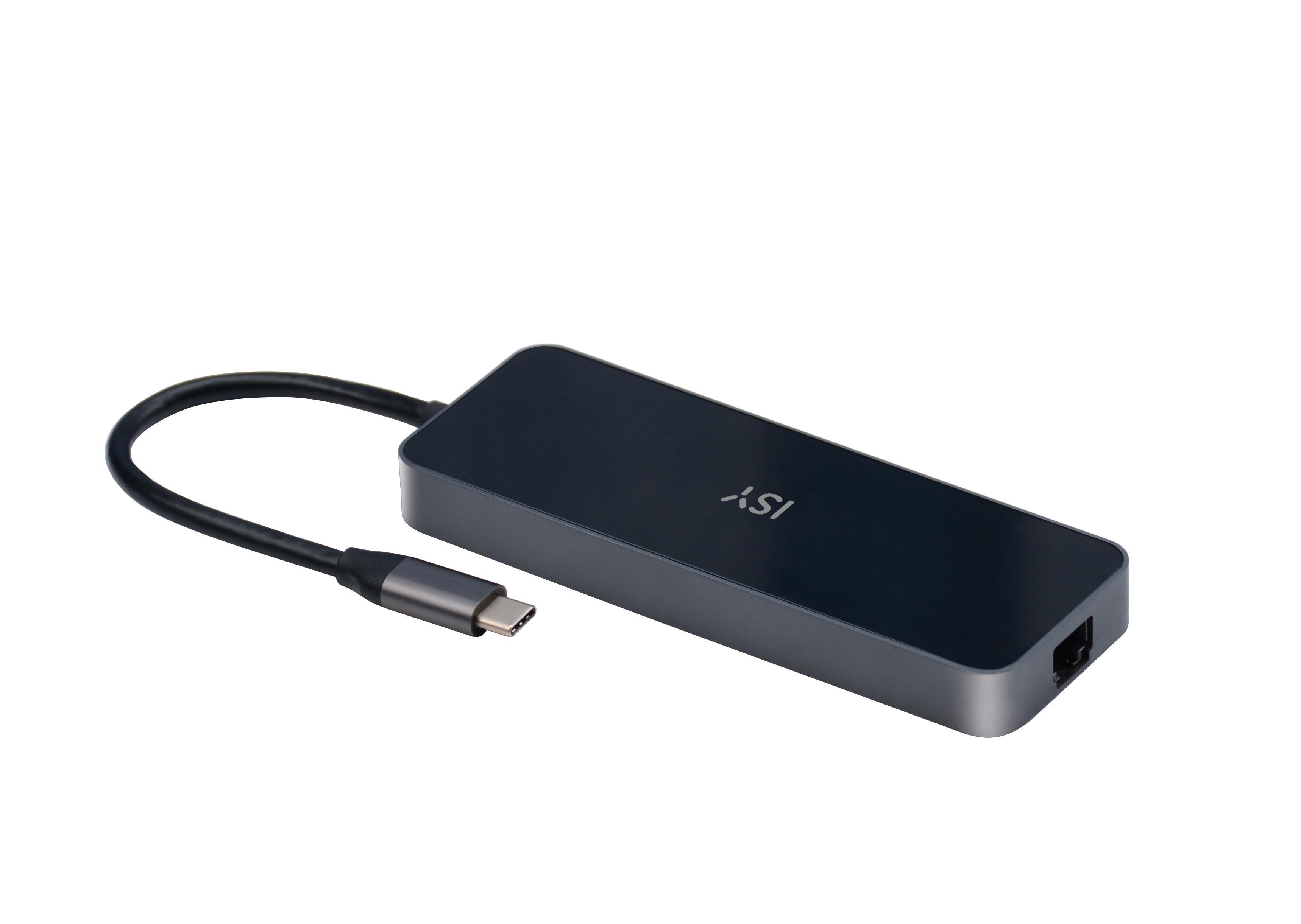 Ein dunkelgrauer USB-C-Hub mit einem schwarzen Kabel und einem USB-C-Anschluss. Weißer Hintergrund.