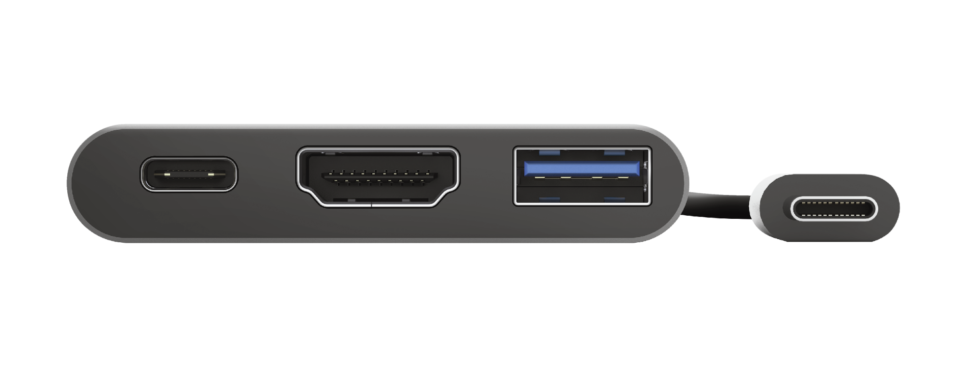 USB ve HDMI bağlantı noktalarına sahip siyah bir hub ve bir USB-C kablosuyla bir USB-C bağlantı noktası. Siyah arka plan.