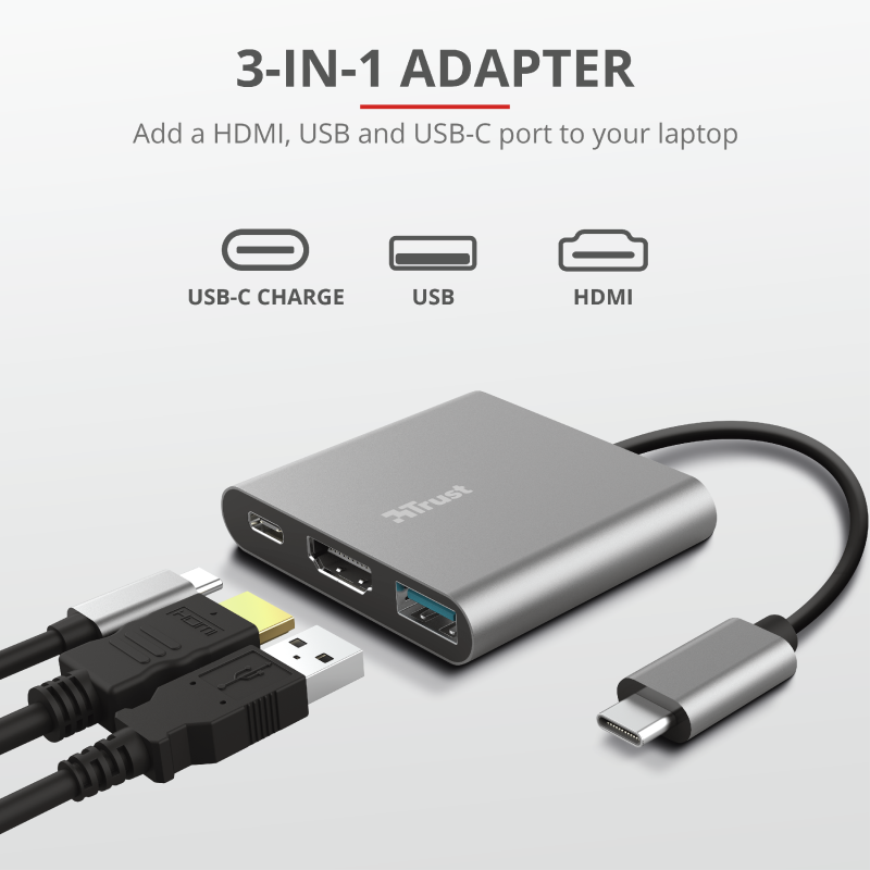 USB-C, USB ve HDMI bağlantı noktalarına sahip gümüş bir 3'ü 1 arada adaptör. Kablolar bağlı.