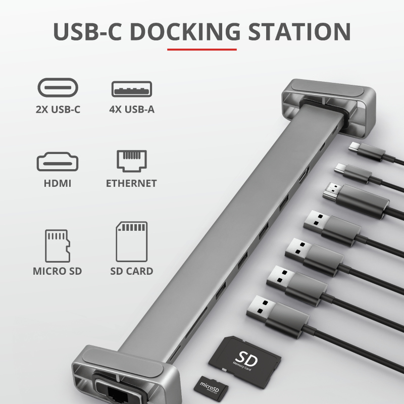 USB-C bağlantı istasyonu, bağlantı noktaları ve simgeler: USB-C, USB-A, HDMI, Ethernet, vb.