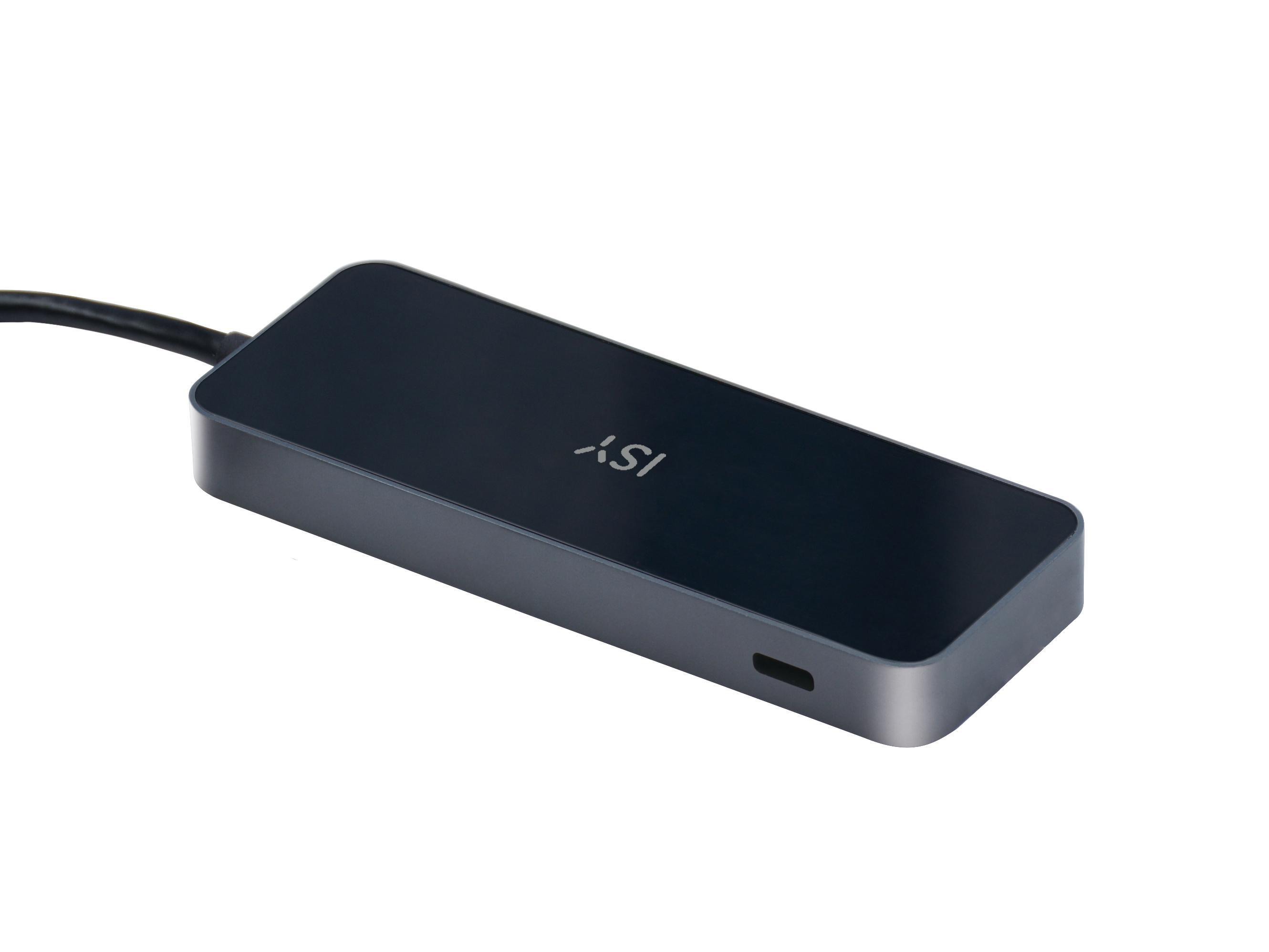 Dunkelgrauer USB-Hub mit schwarzem Kabel. Isoliert auf Weiß.