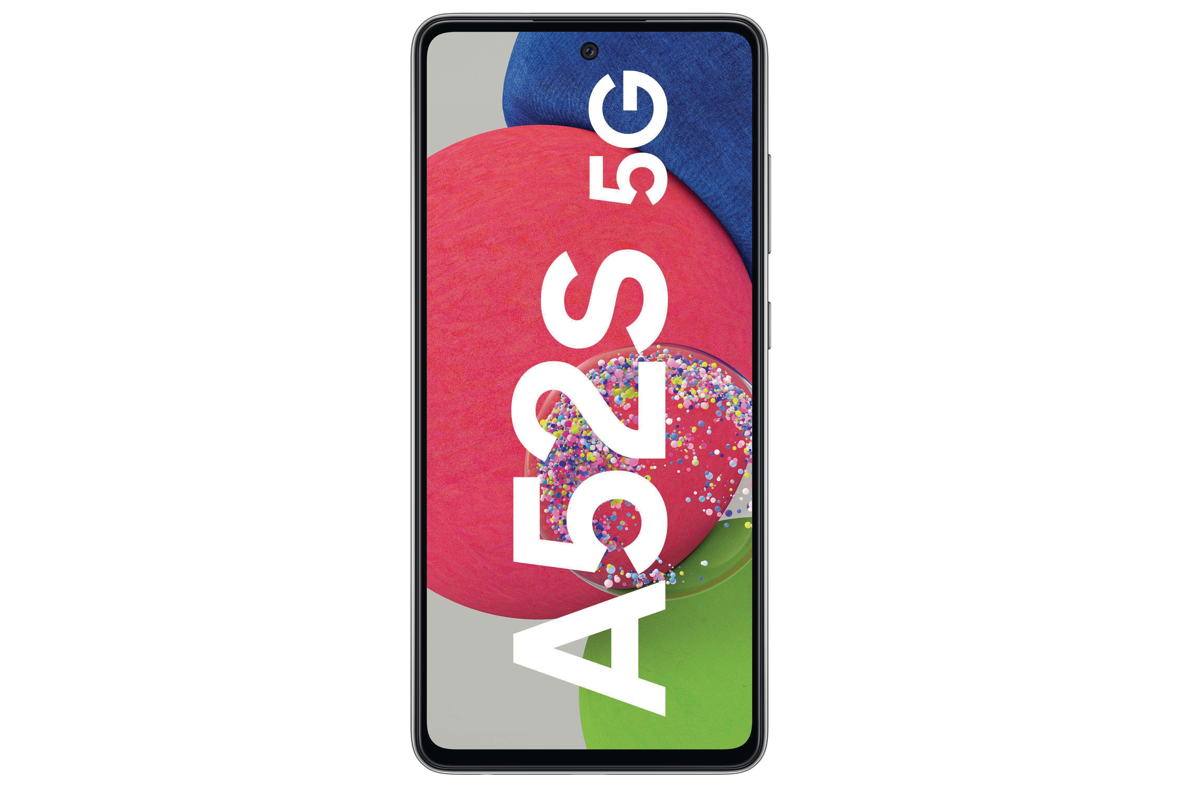 Ein Smartphone, das eine farbenfrohe Grafik eines roten und blauen Kreises mit dem Text 'A52S 5G' anzeigt.