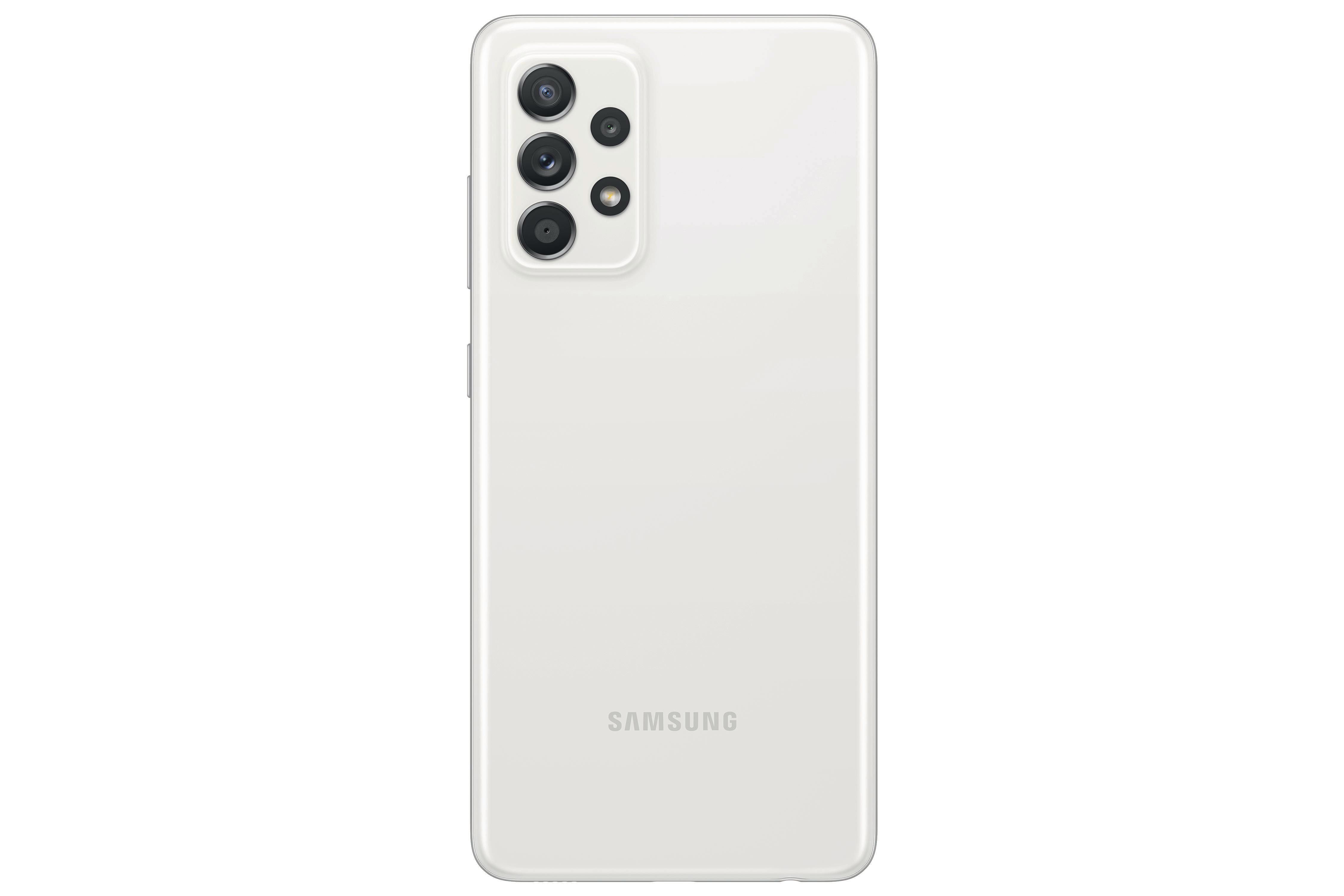 Rückseite eines weißen Samsung-Telefons mit drei Kameras und Samsung-Logo unten.