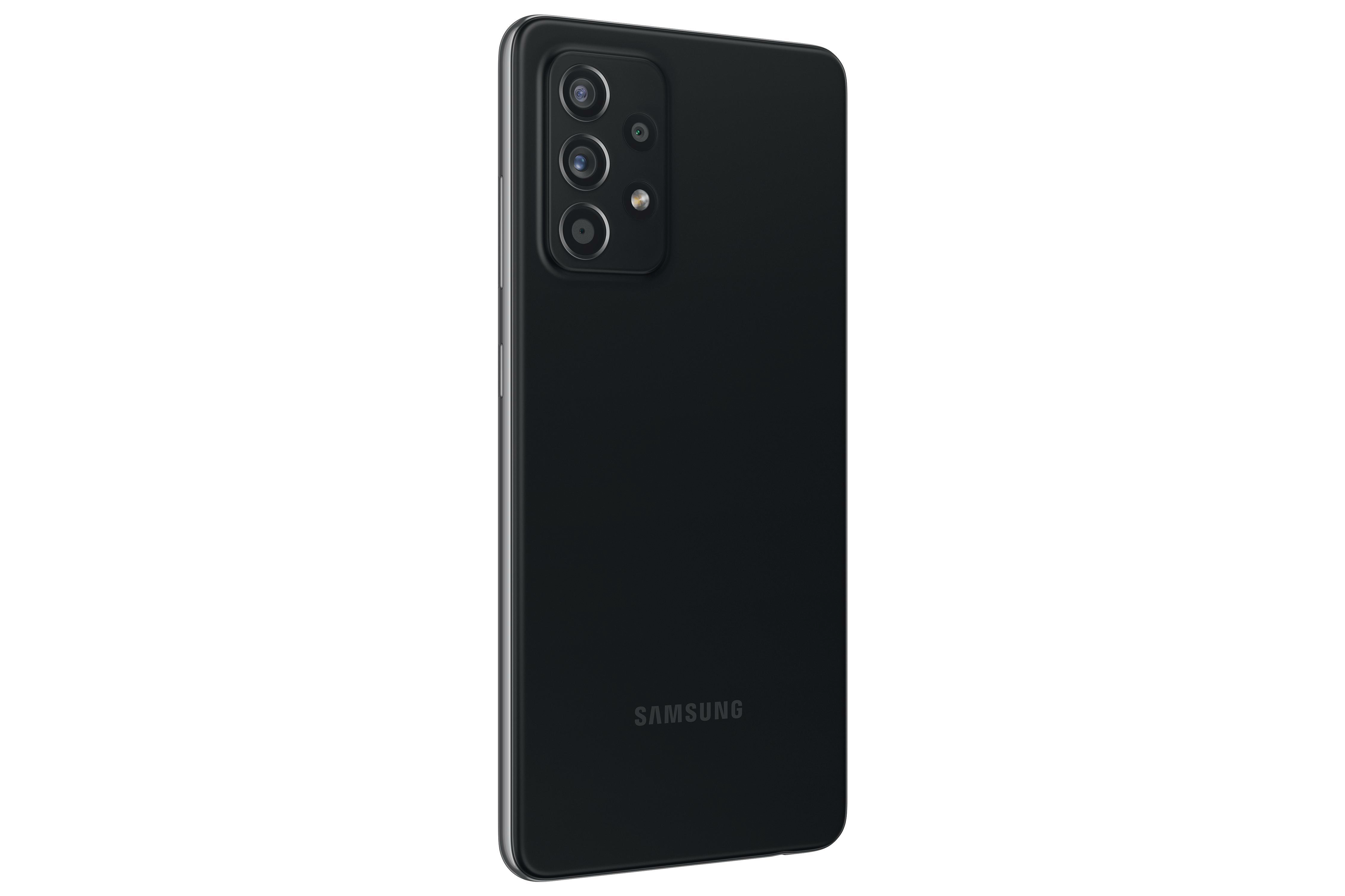 Schwarzes Smartphone, Rückansicht, Dreifachkamera, Samsung-Logo.