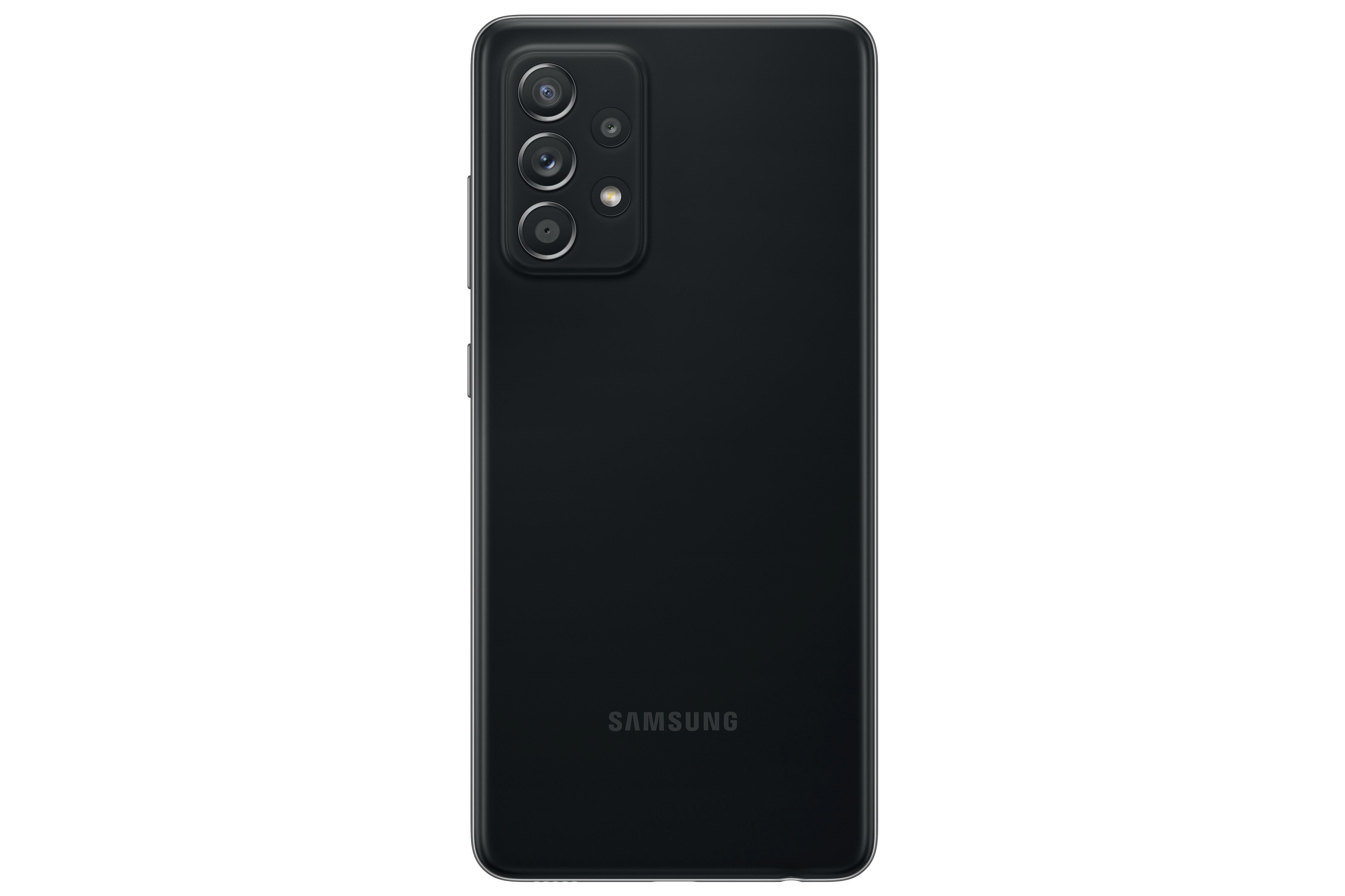 Schwarze Smartphone-Rückseite mit Dreifach-Kamera und Samsung-Logo.