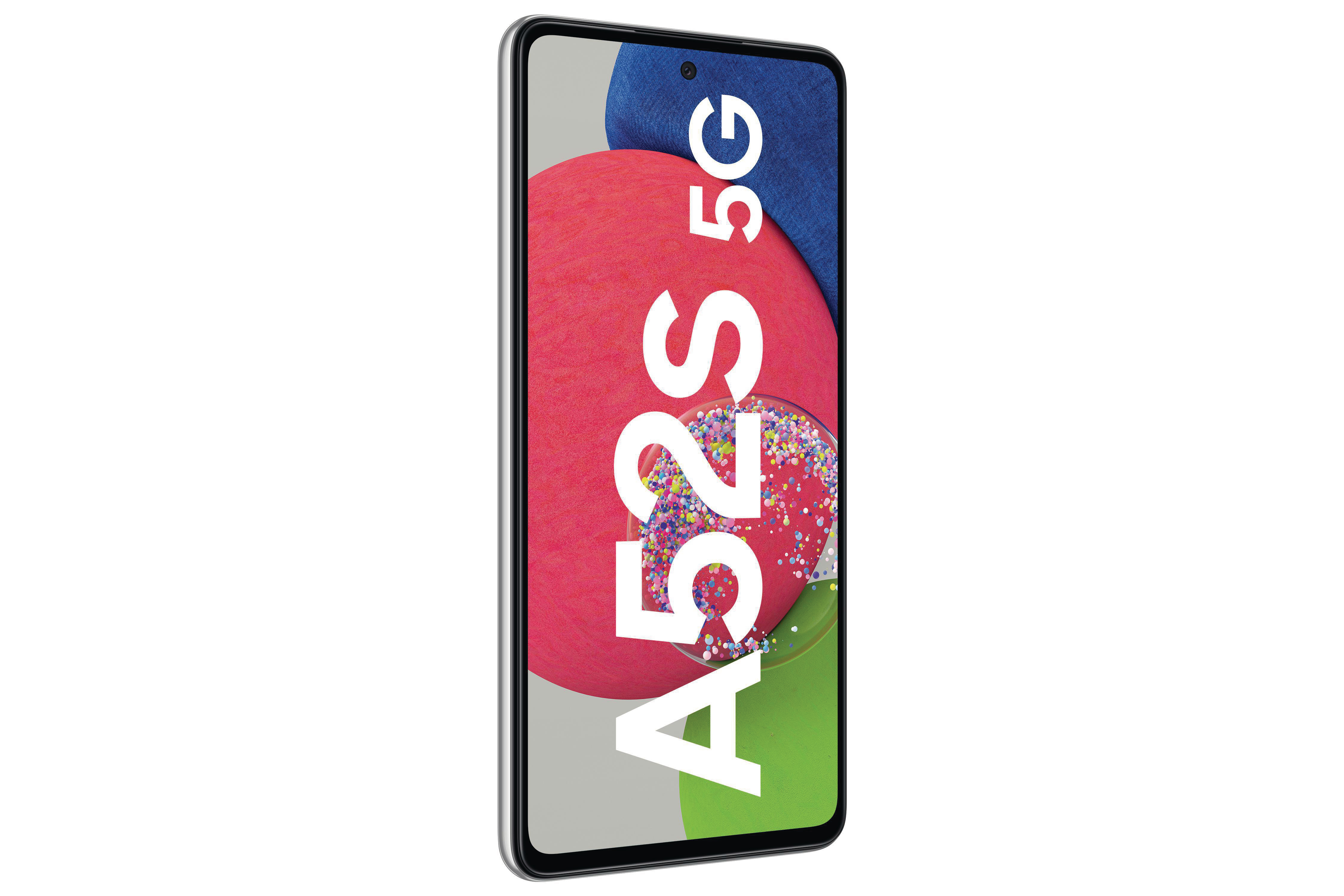 Ein Smartphone mit großem Bildschirm. Der Bildschirm zeigt eine farbenfrohe Grafik und den Text A52S 5G.