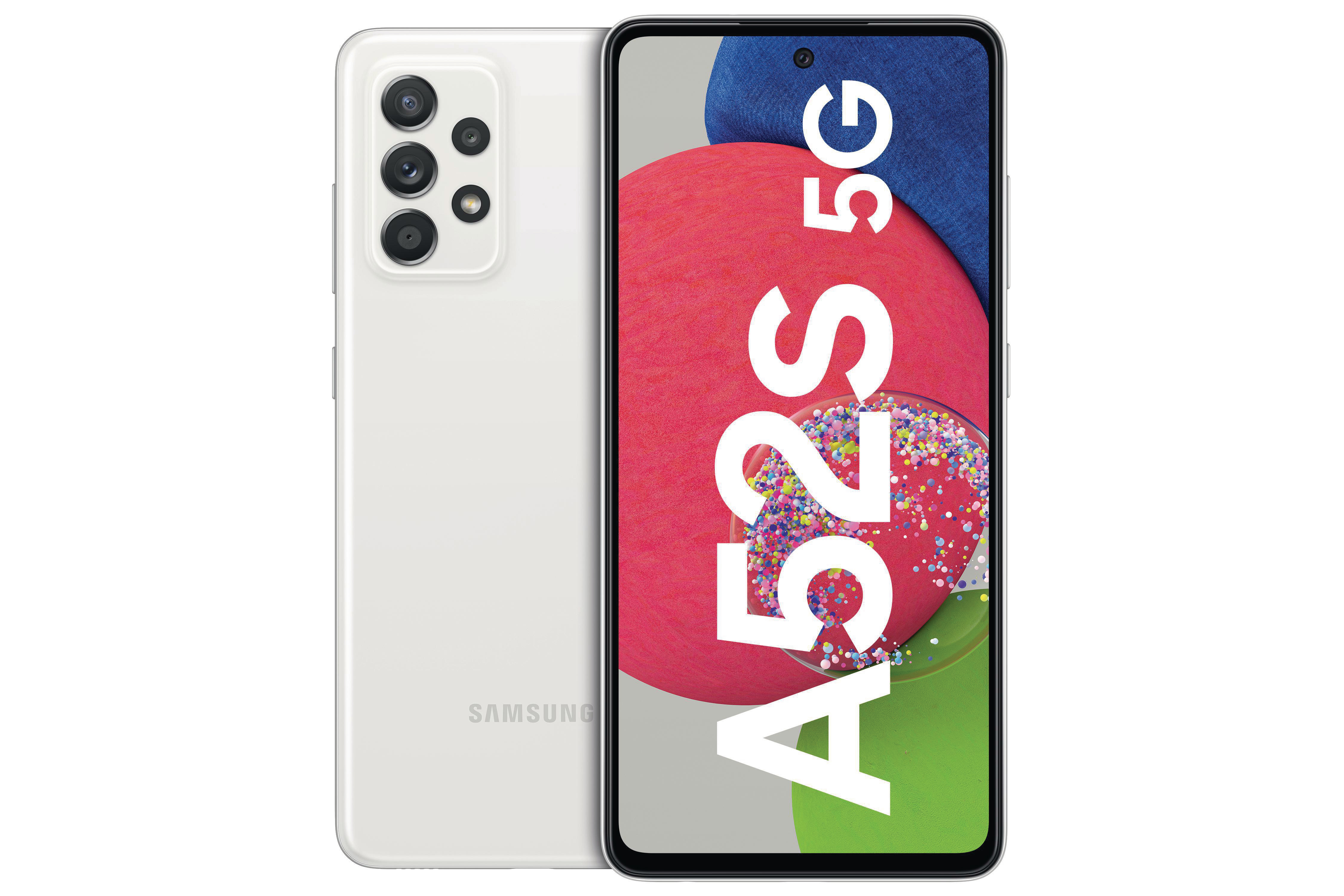 Weißes Samsung A52 5G-Telefon, Vorder- und Rückansicht.