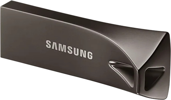 Clé USB métallique avec texte 'SAMSUNG', design incurvé.