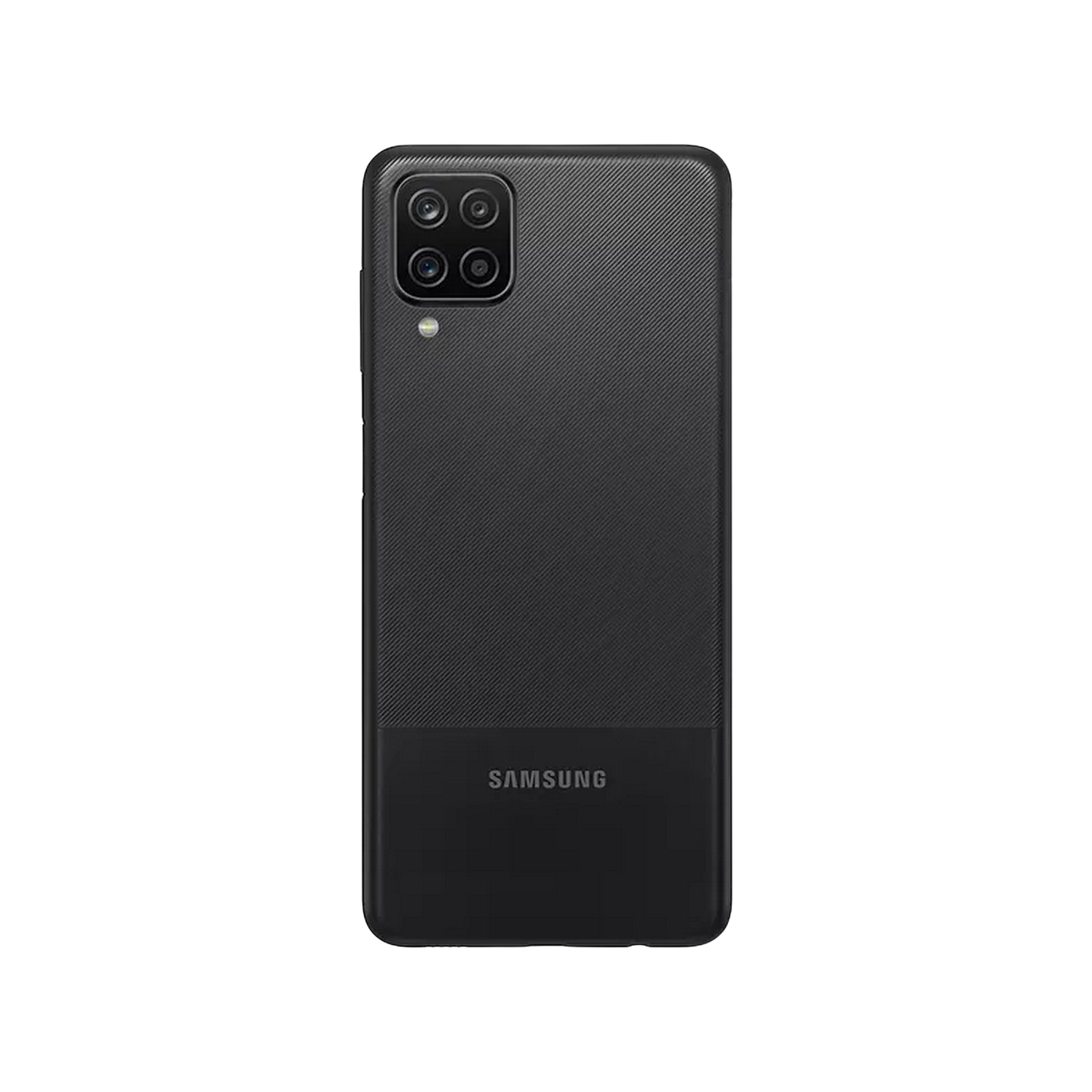Teléfono Samsung negro con parte trasera texturizada y conjunto de cámaras sobre fondo negro.