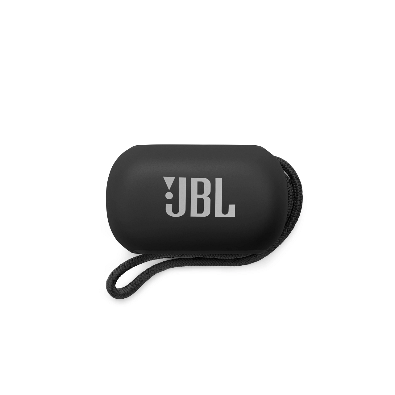 Schwarzes JBL-Lautsprechergehäuse mit Logo und Kordel auf weißem Hintergrund.