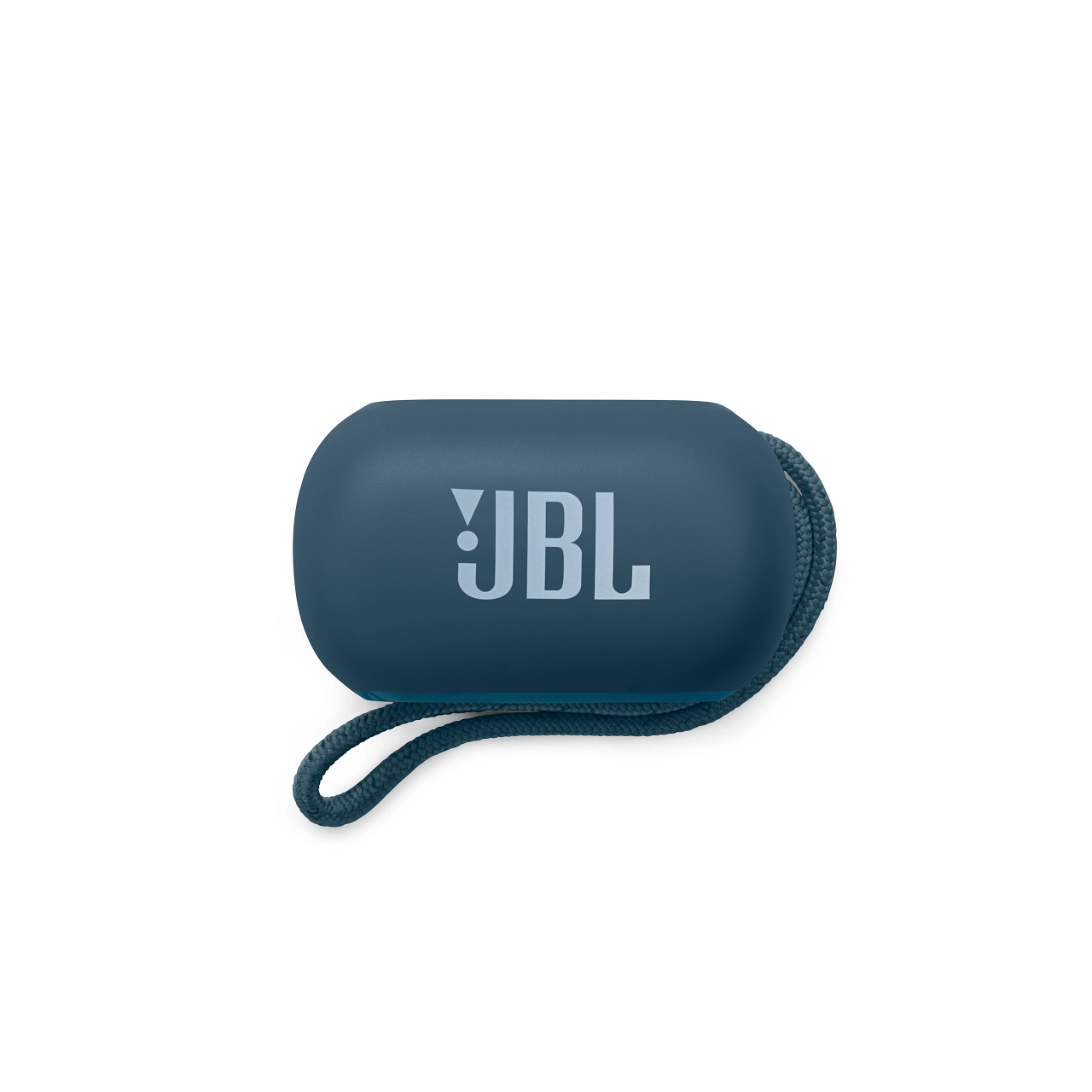 Blauer JBL-Lautsprecher mit einem Seil, weißer Hintergrund.