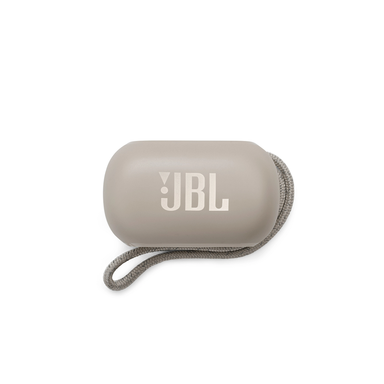 Grauer JBL-Lautsprecher mit grauem Seil, weißer Hintergrund.