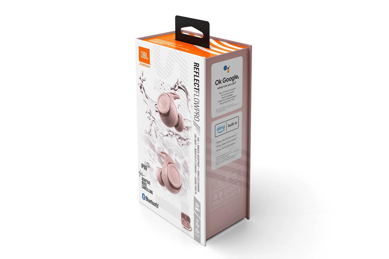 JBL Reflect Flow Pro Kopfhörerbox. Pinke Kopfhörer sind auf der Box abgebildet.