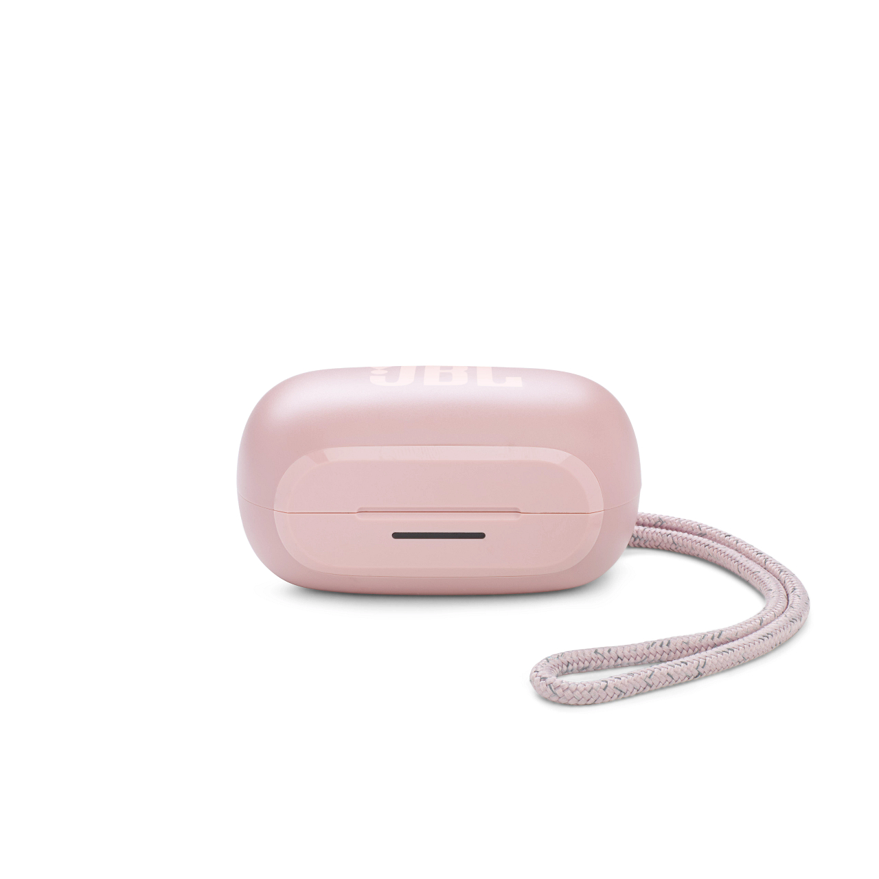 Ein rosa JBL-Kopfhörer-Ladecase mit Riemen, vor weißem Hintergrund. Das Case ist geschlossen.