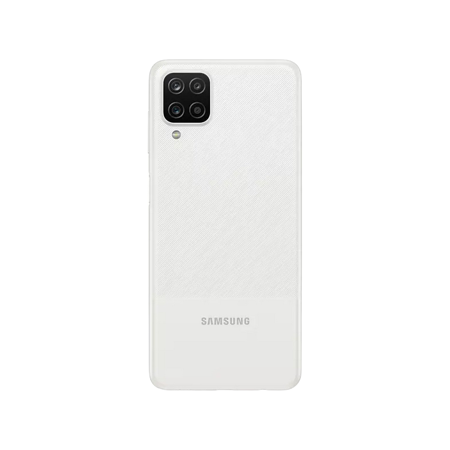 Parte trasera de teléfono Samsung blanca con cámaras. Textura diagonal arriba, lisa abajo, con logo.