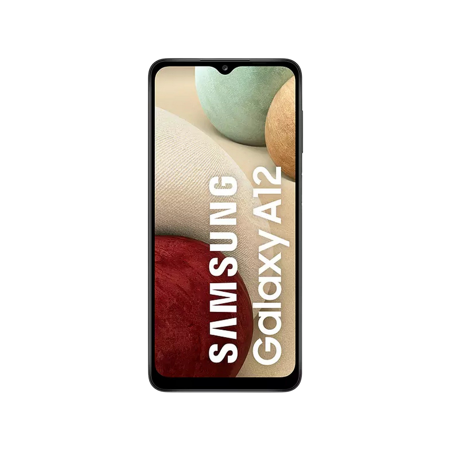 Smartphone Samsung Galaxy A12, texto blanco en la pantalla.