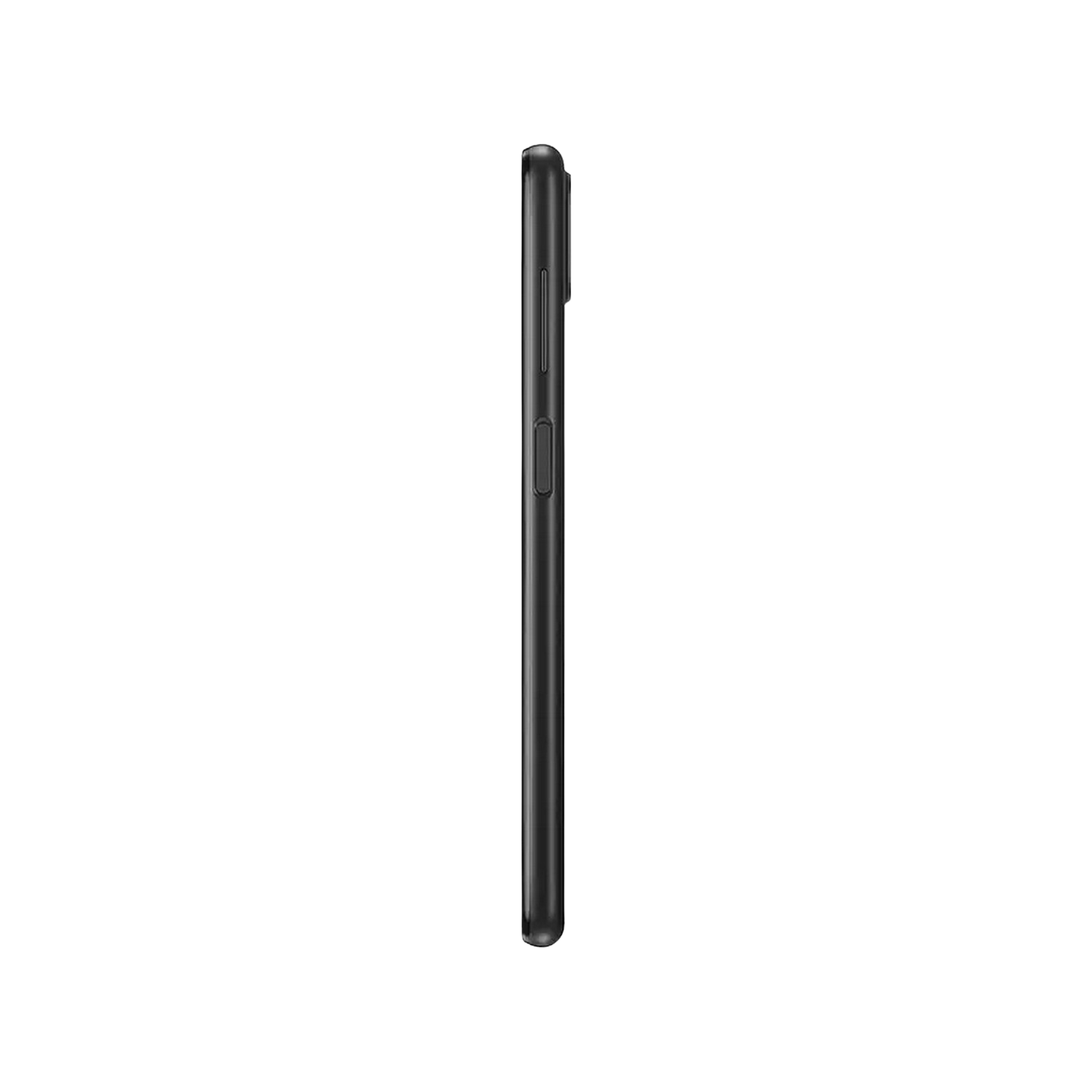 El perfil lateral de un teléfono inteligente negro contra un fondo negro.