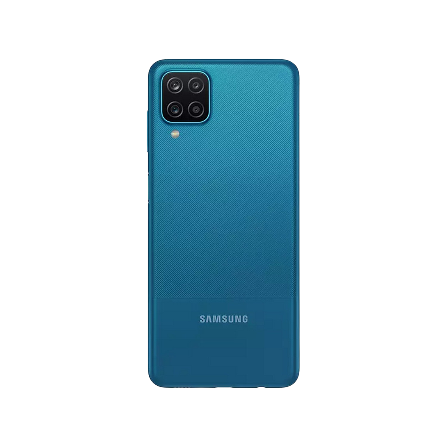 La parte trasera de un teléfono Samsung azul, mostrando la cámara y el logotipo de Samsung.