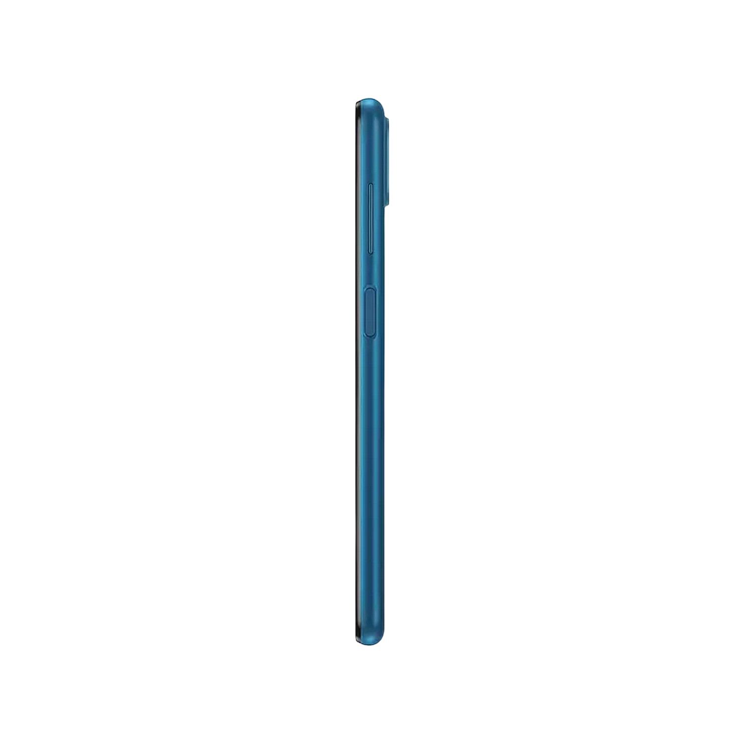 Vista lateral de un teléfono inteligente color turquesa. El lado muestra los botones de volumen y encendido.