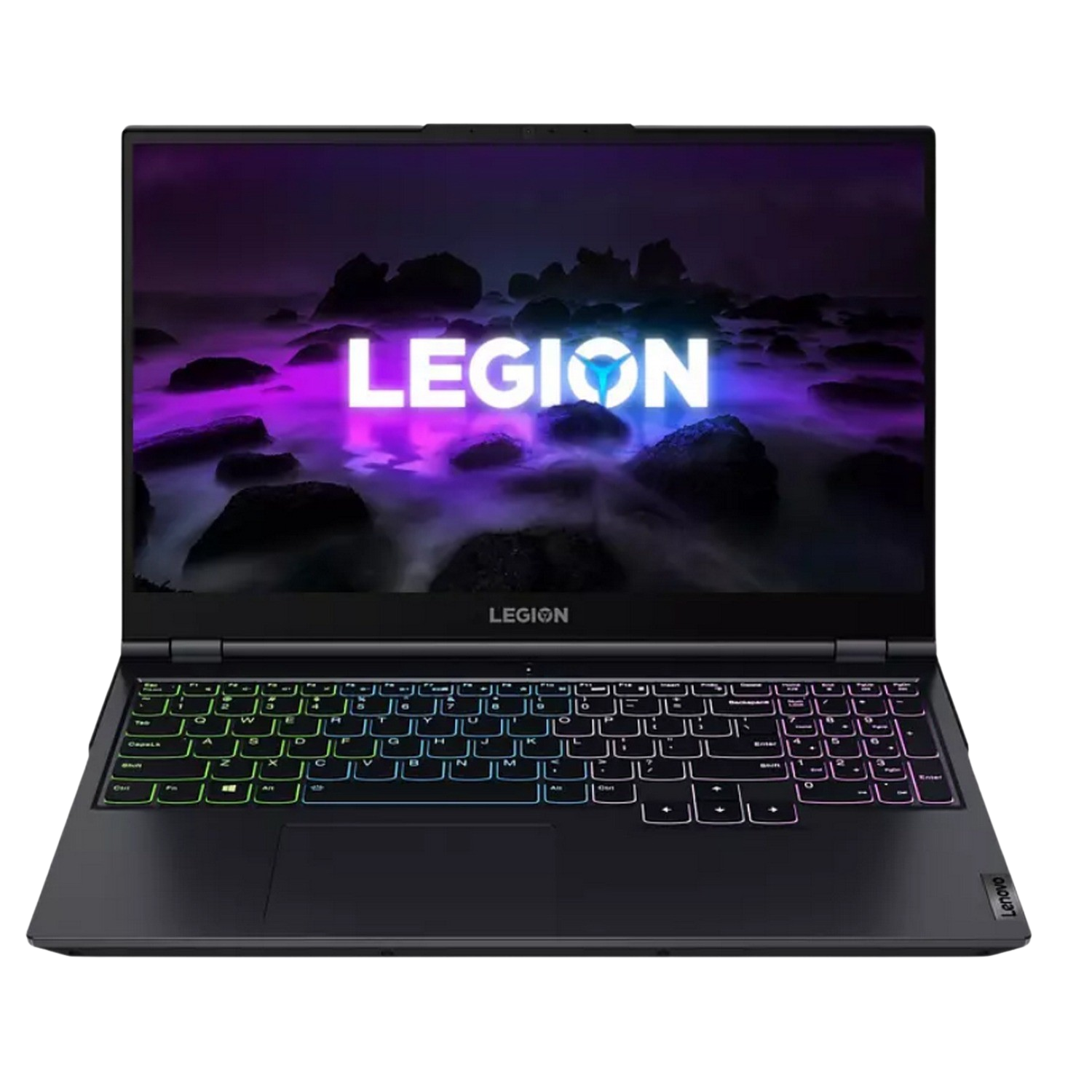 Portátil Lenovo Legion negro, teclado multicolor, pantalla muestra imagen púrpura y azul.