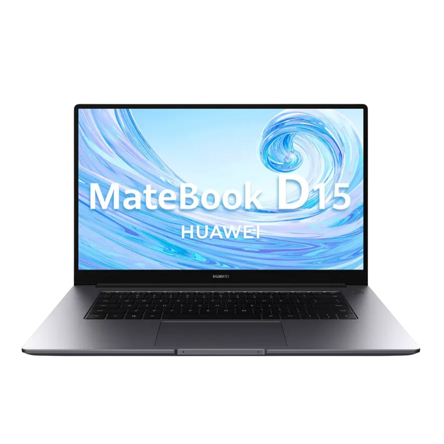 Laptop con pantalla encendida. Carcasa metálica gris, teclado negro, fondo negro.