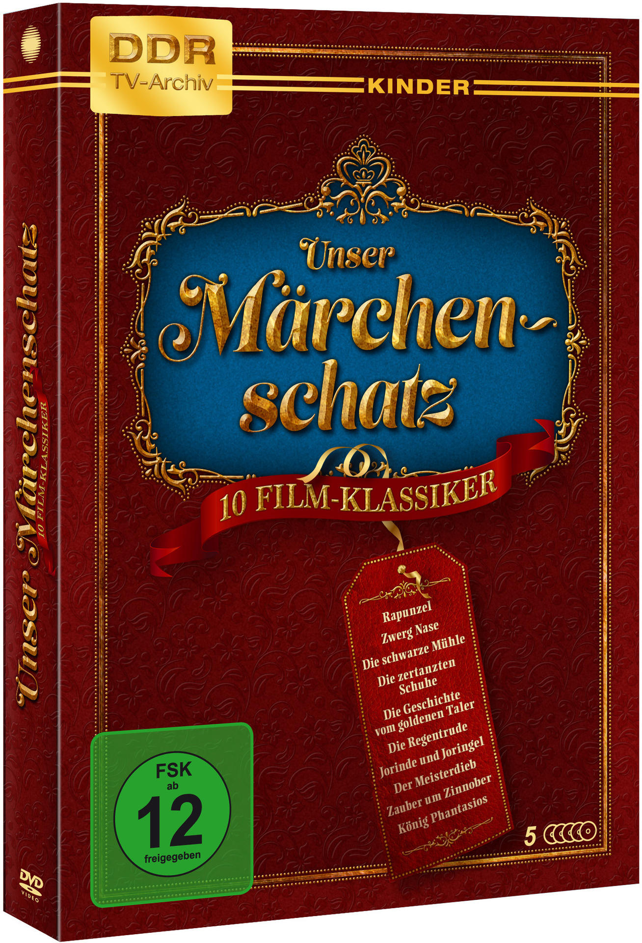 DVD-Box-Cover mit dunkelrotem Hintergrund. Der Titel ist in Gold, mit einem Anhänger mit Filmtiteln.