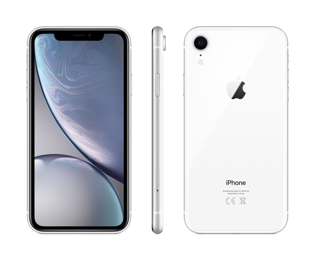 Tres vistas de un iPhone XR blanco. Frontal, lateral y trasero. El logotipo de Apple es visible en la parte trasera.
