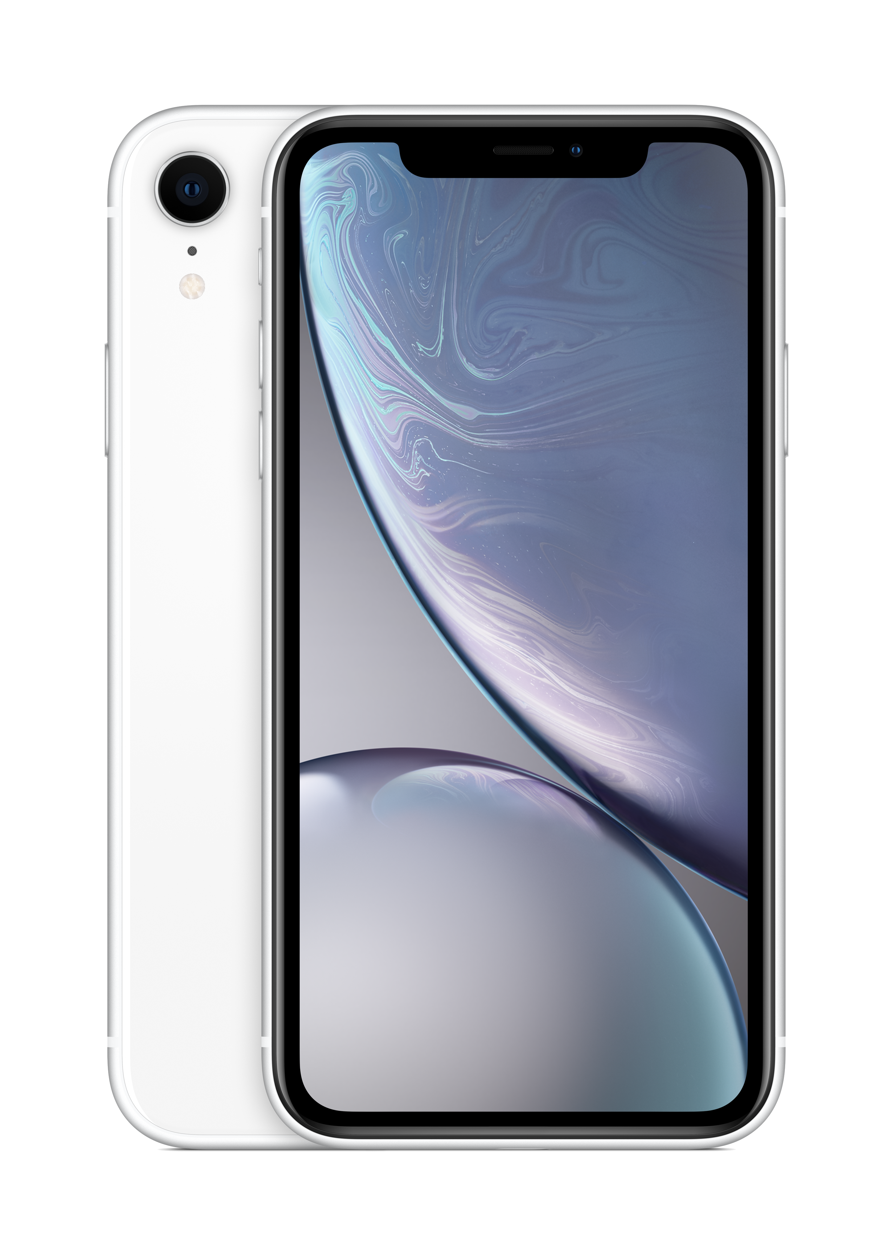 iPhone XR blanco sobre un fondo negro. El teléfono está ligeramente inclinado. Muestra la pantalla.