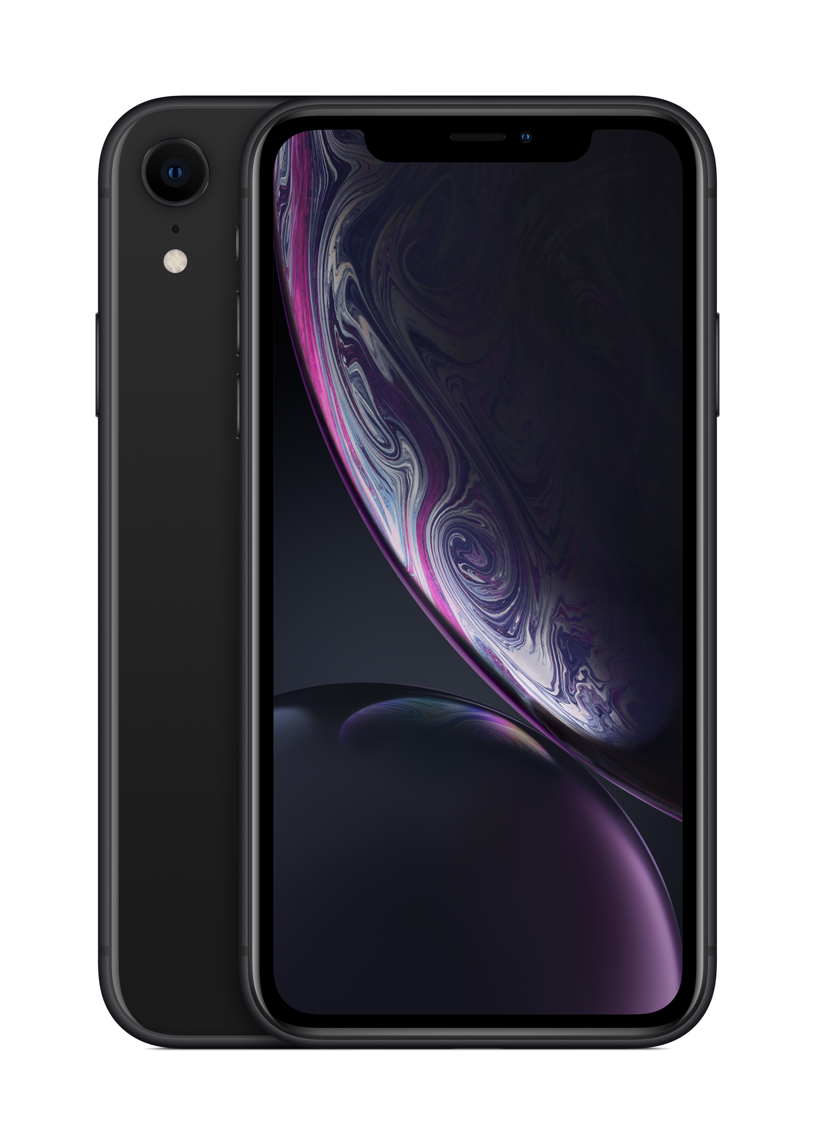iPhone XR negro. La parte trasera muestra una sola cámara y un logotipo de Apple negro. La pantalla es visible.