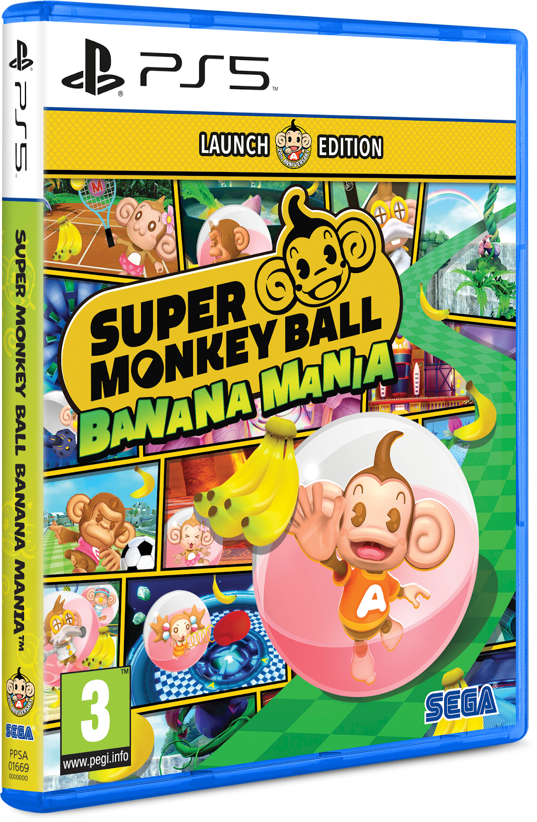 Super Monkey Ball Banana Mania játékborító; majom, banánok, SEGA logó.