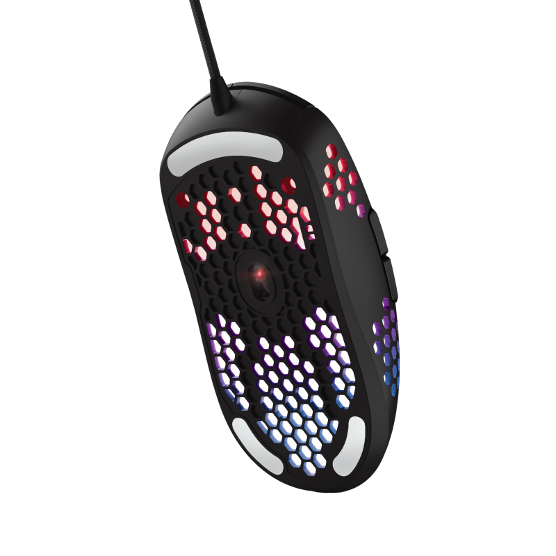 Petek tasarımlı ve RGB aydınlatmalı siyah oyun faresi.