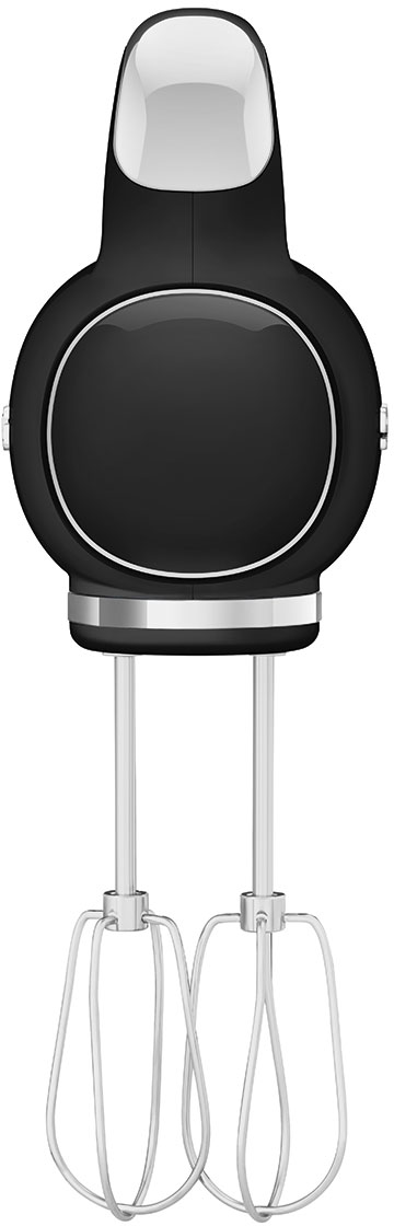 Un frullatore a mano nero con due fruste argentate. Design moderno, centro circolare.