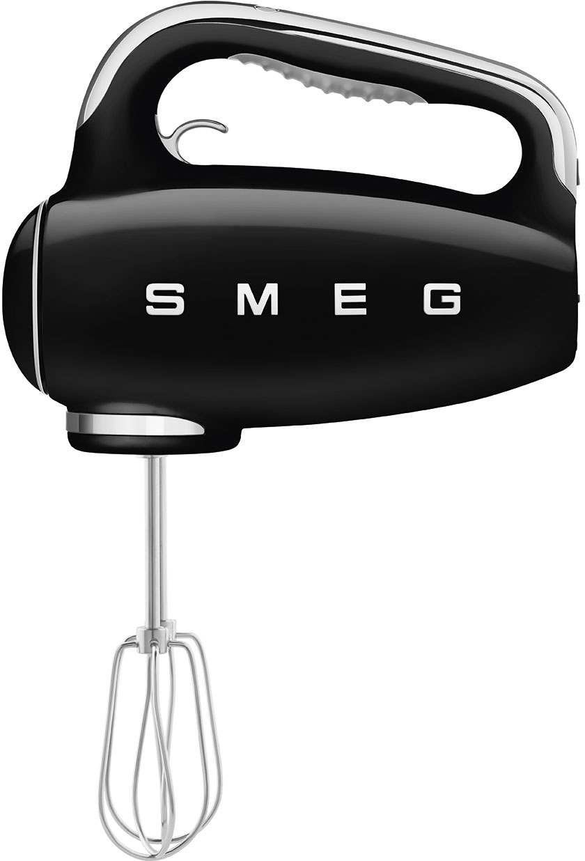 Frullatore a immersione SMEG nero con dettagli cromati. Il frullatore è su sfondo bianco.