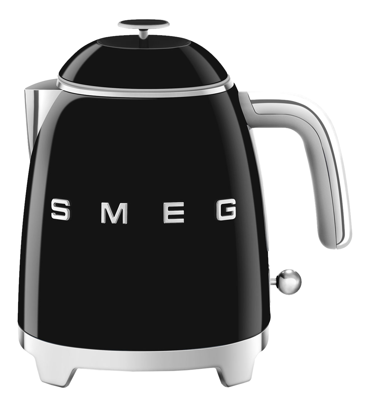 Schwarzer Smeg-Wasserkocher. Der Wasserkocher hat Chromakzente und das Smeg-Logo vorne.
