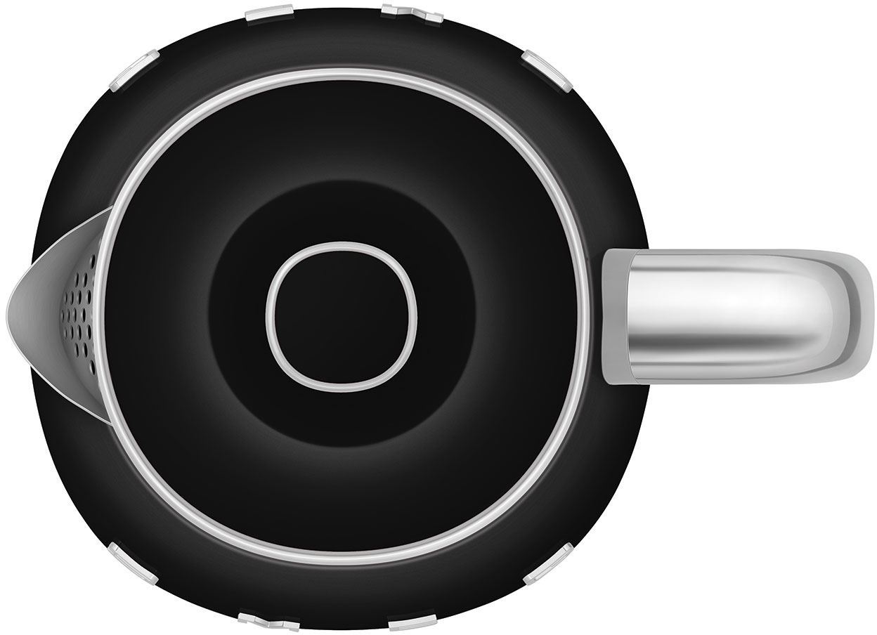Draufsicht auf einen schwarzen Wasserkocher. Mit silbernem Griff und kreisförmigem Design mit weißem Innenraum.