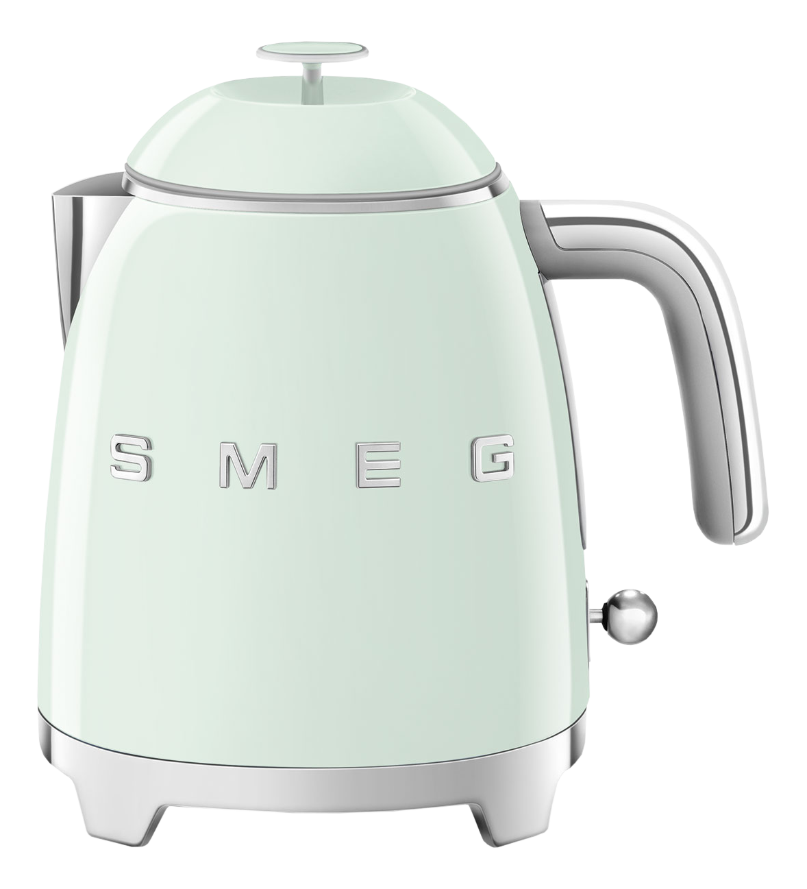 Ein mintgrüner Smeg-Wasserkocher mit Chromakzenten. Er hat einen Griff, einen Deckel und einen Sockel.