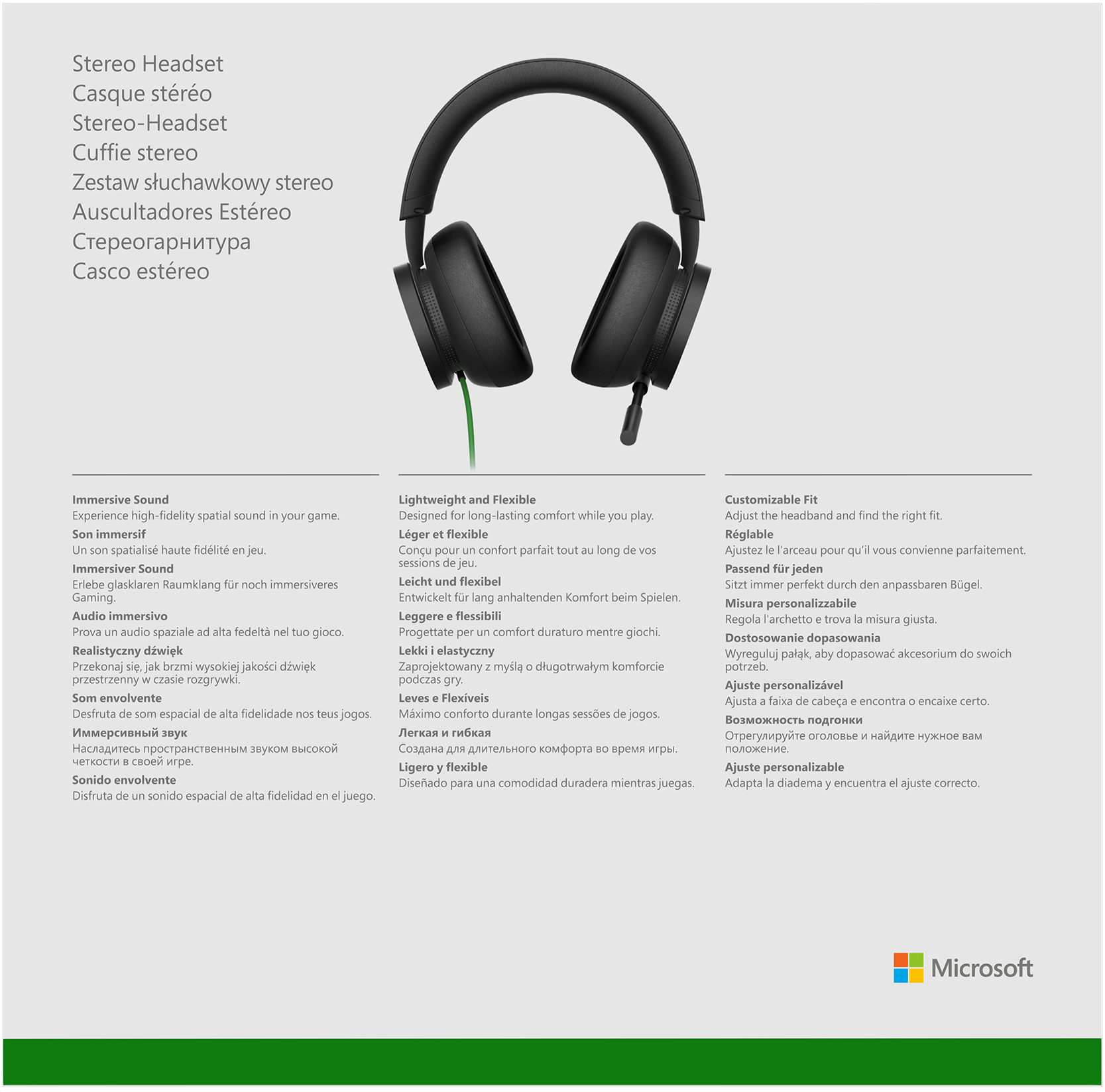Ein Microsoft-Headset, schwarz mit grünen Akzenten, mit Text in mehreren Sprachen.