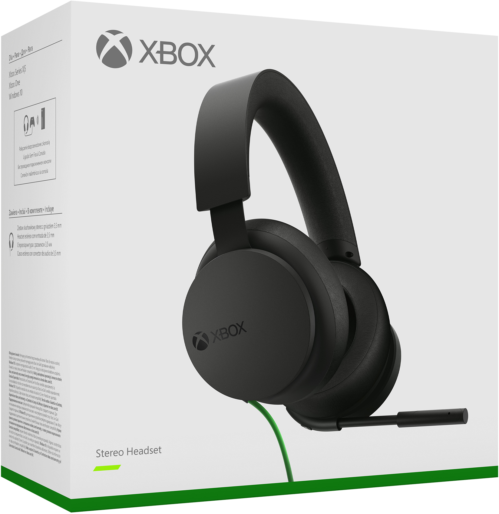 Xbox Headset-Box. Schwarzes Headset innen. Grünes Kabel. Weißer Hintergrund. Xbox-Logo.