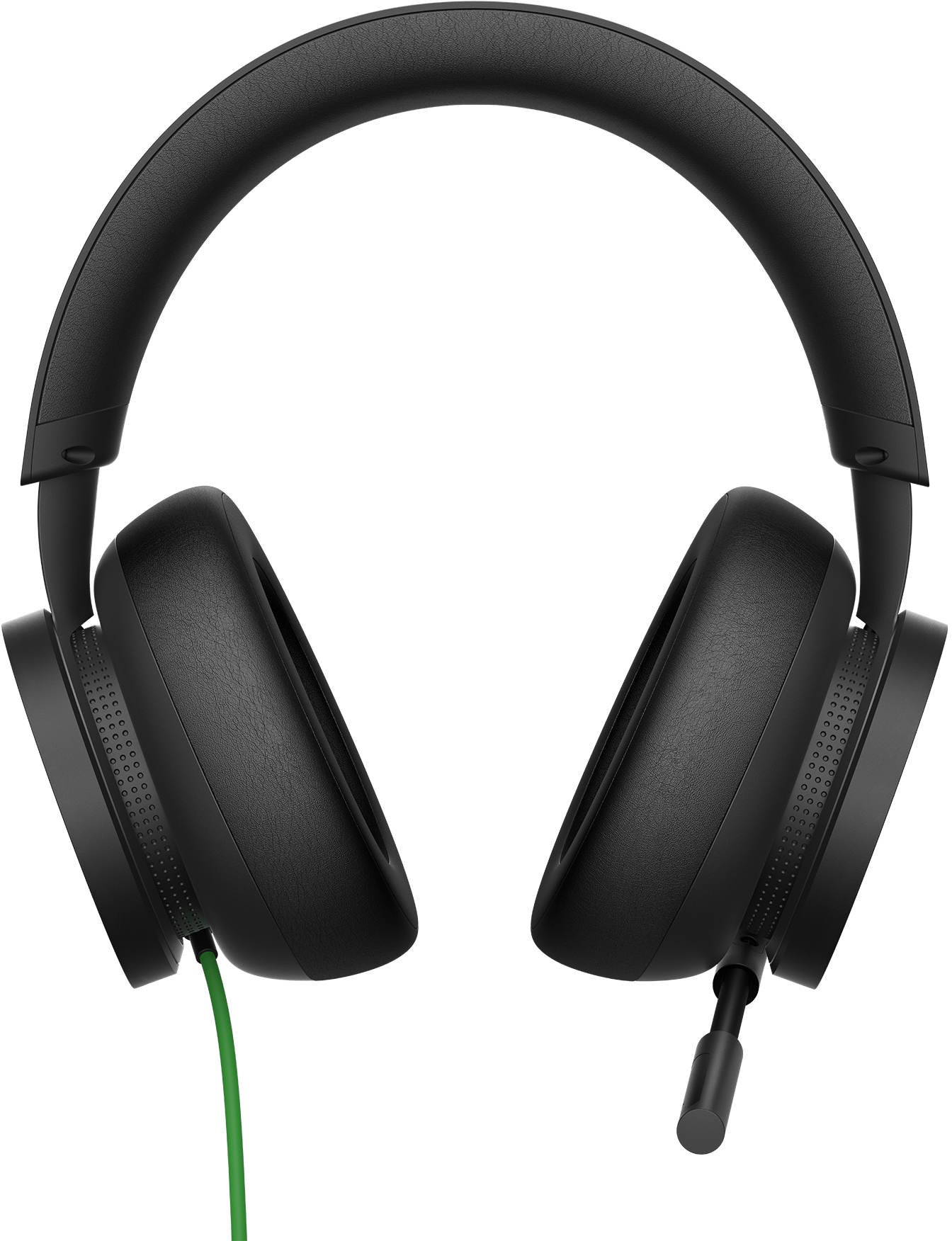 Ein Paar schwarze Over-Ear-Kopfhörer mit grünem Kabel. Der Hintergrund ist weiß.