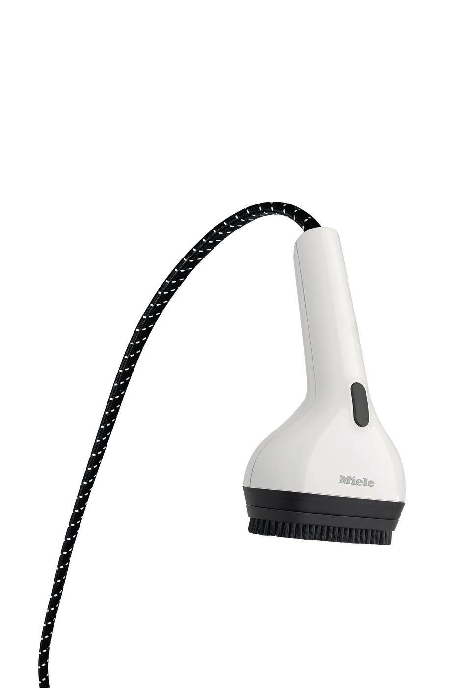 Weiße Miele Handbürste mit schwarzem Sockel und Netzkabel.