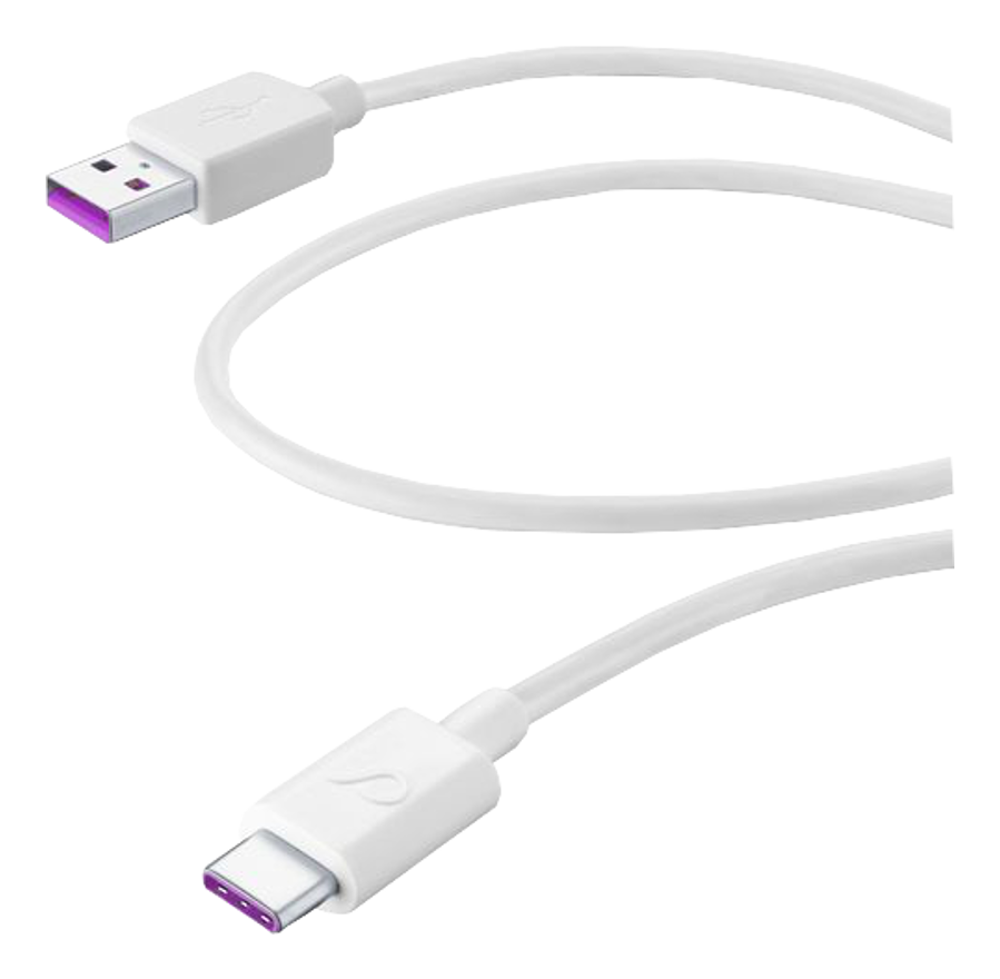 Weißes USB-C-Kabel mit lila Anschlüssen. Es befindet sich auf schwarzem Hintergrund.
