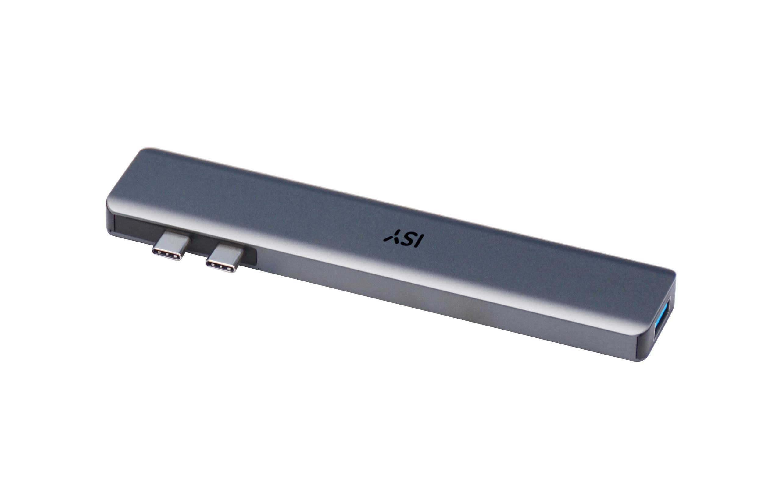 Ein grauer ISY USB-Hub mit zwei USB-C-Anschlüssen und einem USB-Anschluss.