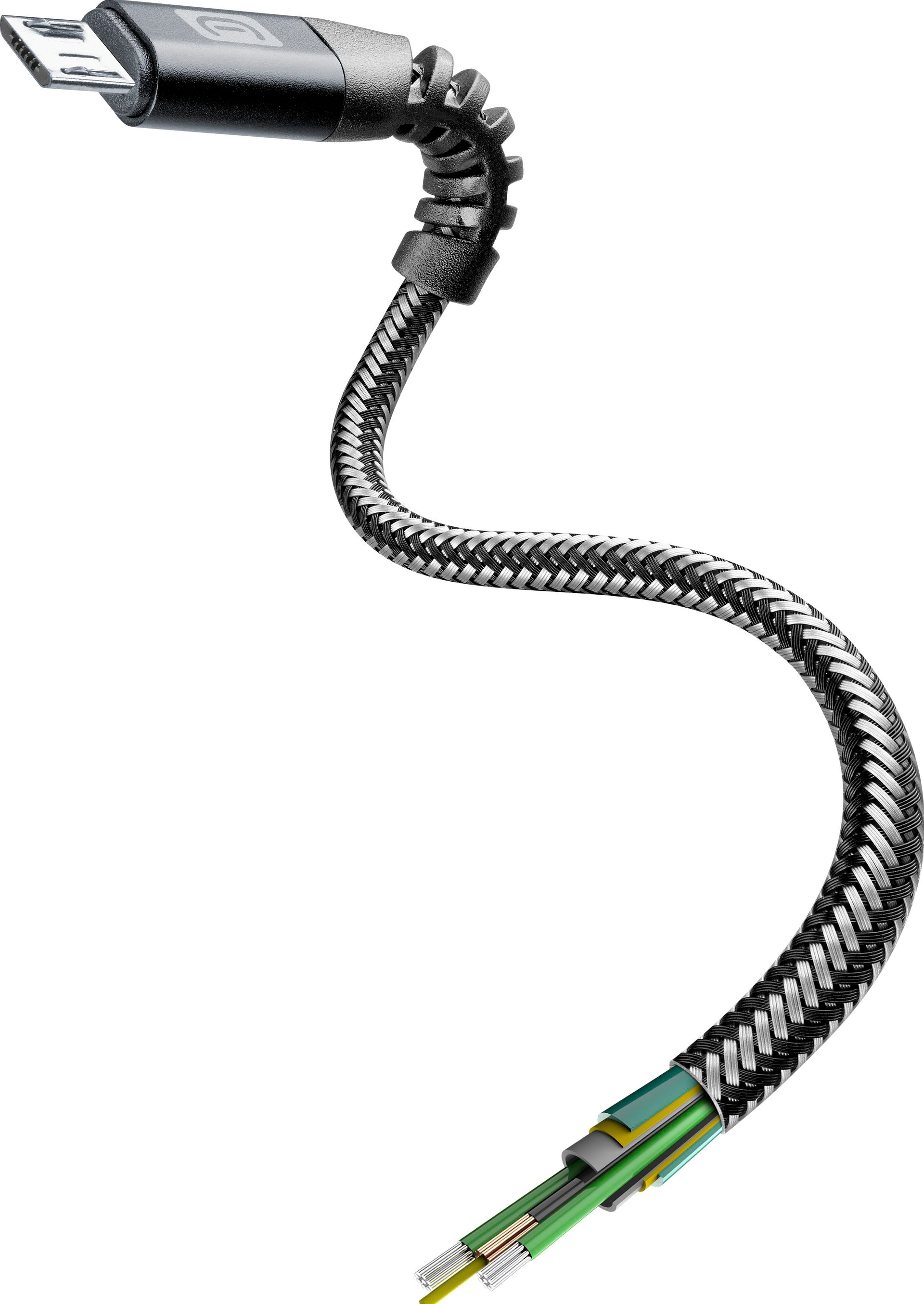 Un câble USB flexible noir et argenté avec des fils colorés exposés à l'extrémité coupée.