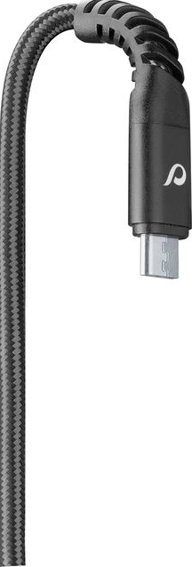 Un câble USB-C noir avec un cordon à motifs.