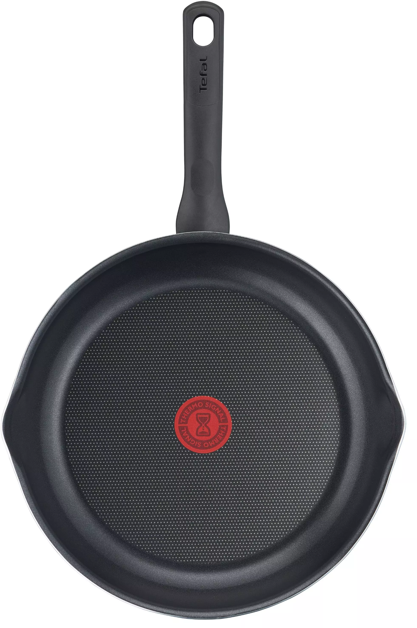 Poêle noire, vue de dessus. Logo rouge Time by Tefal au centre. Surface antiadhésive.